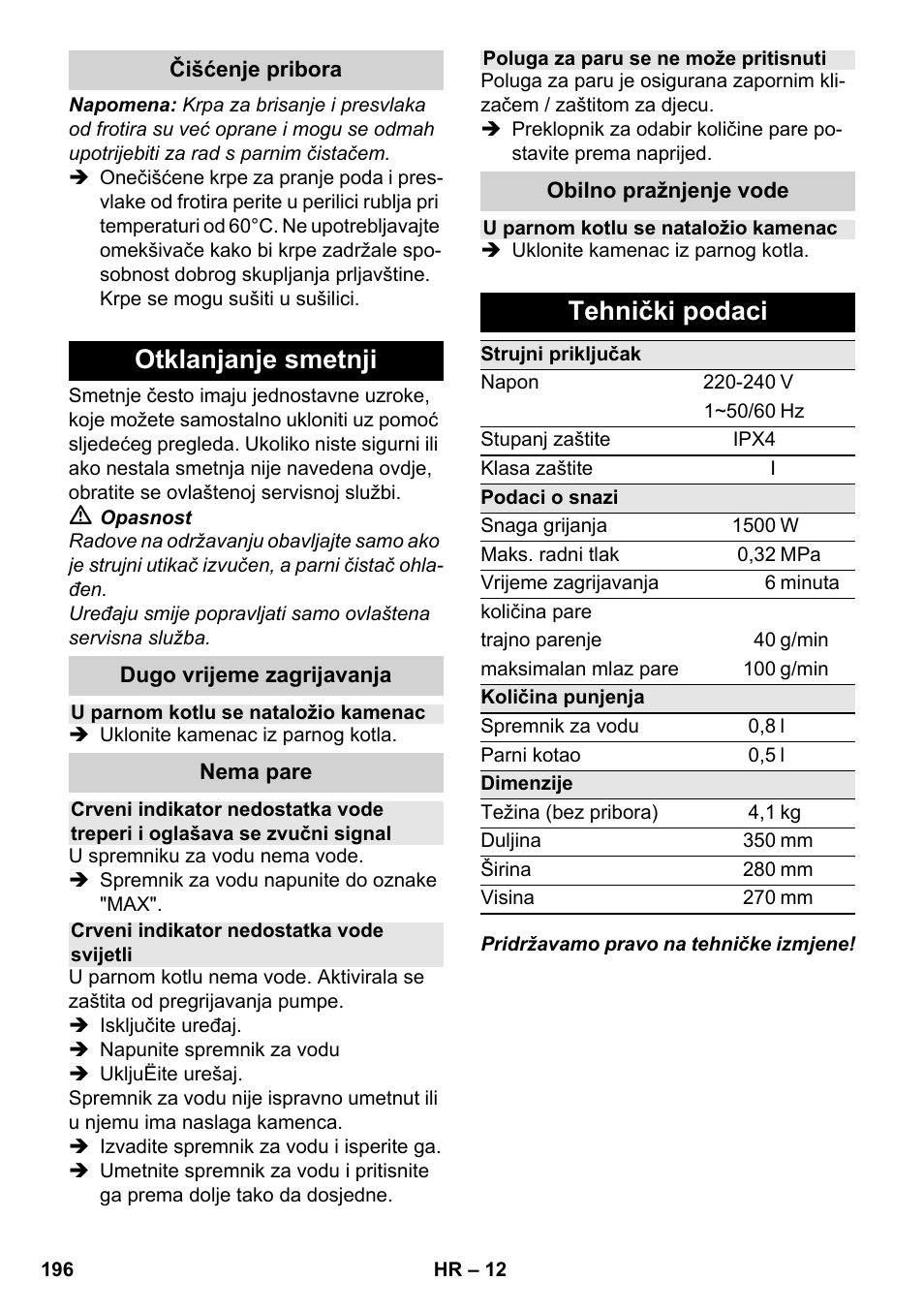 Otklanjanje smetnji, Tehnički podaci | Karcher SC 2-550 C EU User Manual | Page 196 / 278