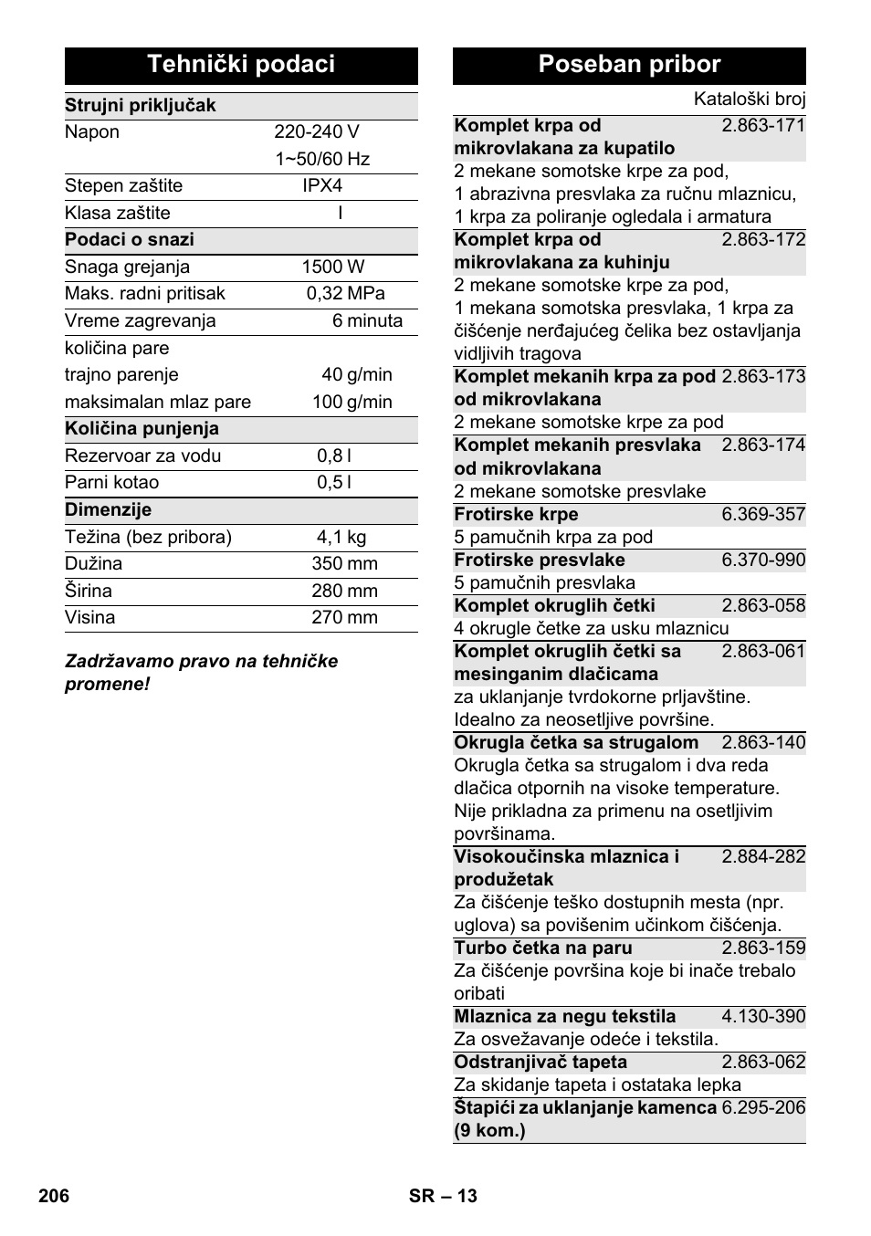 Tehnički podaci, Poseban pribor | Karcher SC 2-550 C EU User Manual | Page 206 / 278