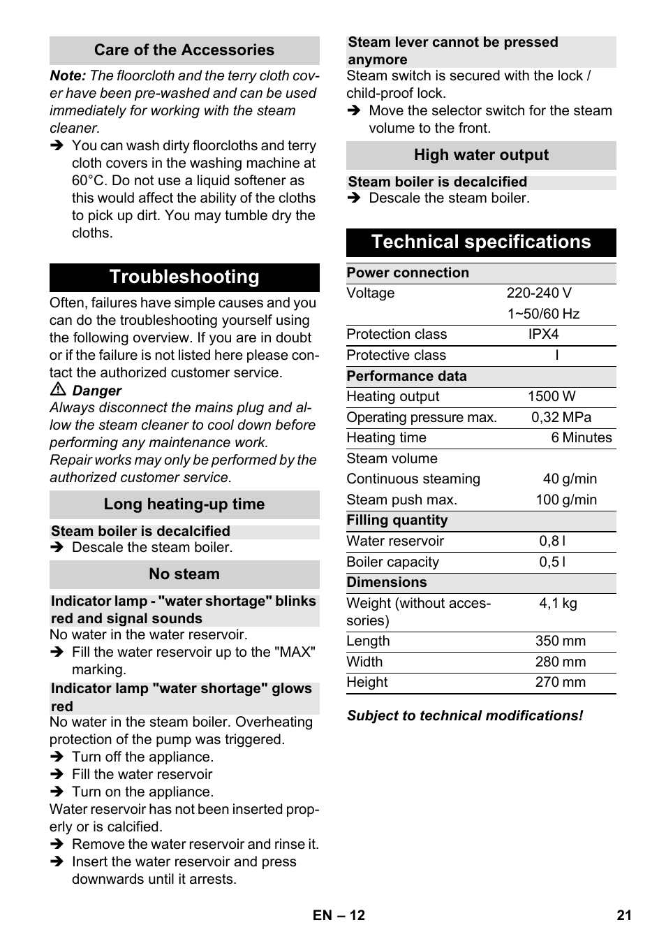Troubleshooting, Technical specifications | Karcher SC 2-550 C EU User Manual | Page 21 / 278