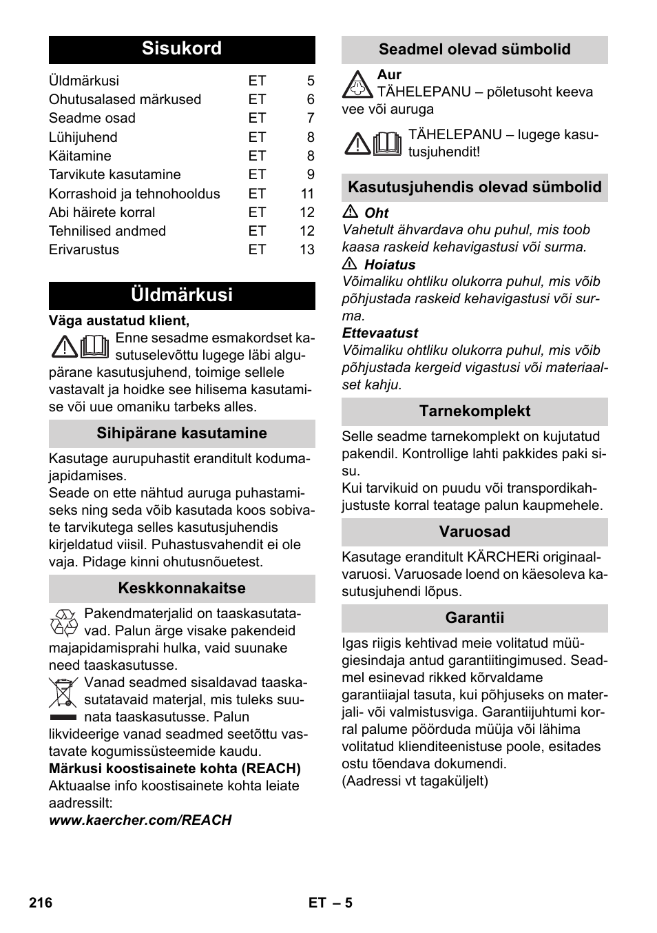 Eesti, Sisukord, Üldmärkusi | Karcher SC 2-550 C EU User Manual | Page 216 / 278