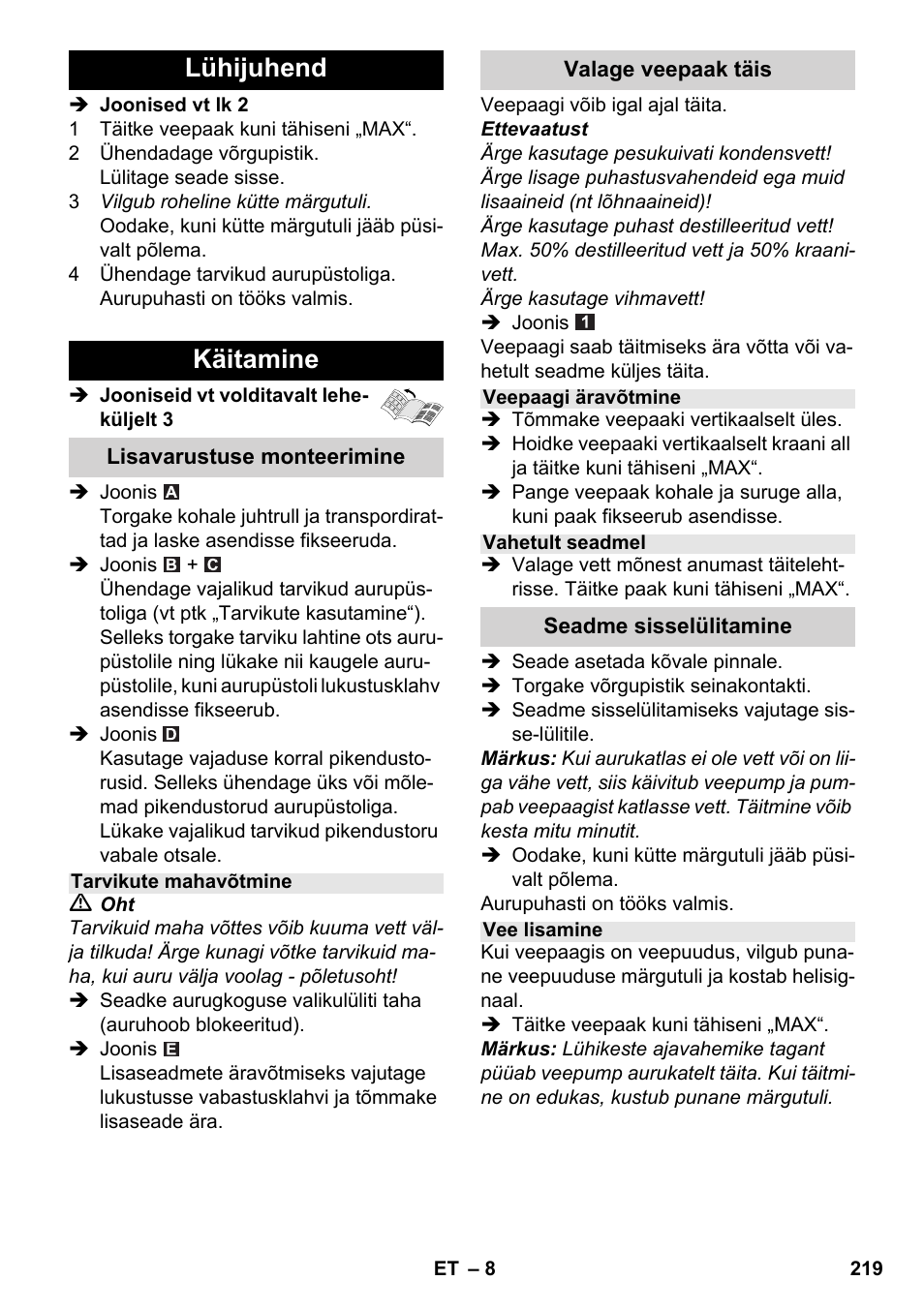 Lühijuhend käitamine | Karcher SC 2-550 C EU User Manual | Page 219 / 278