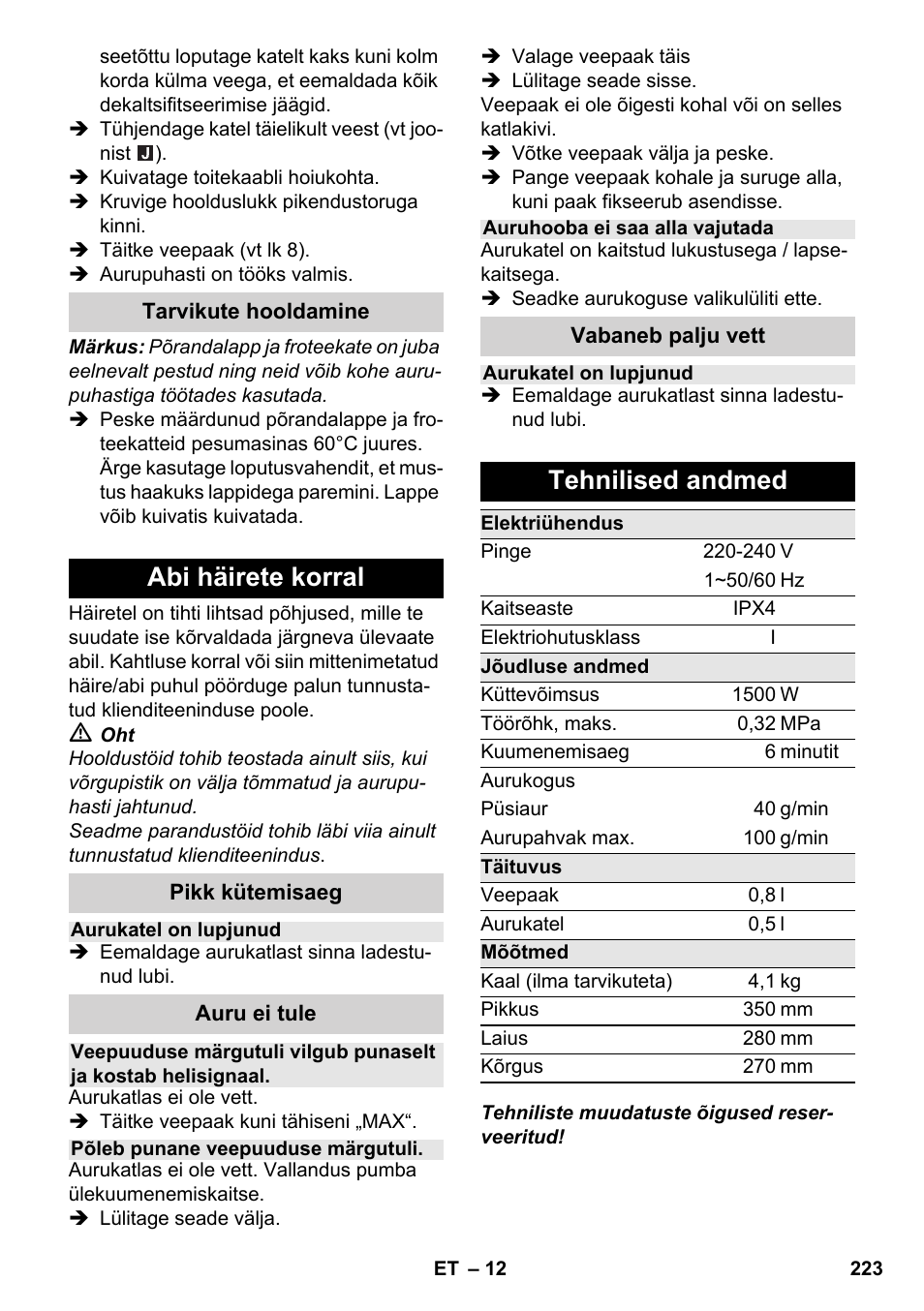 Abi häirete korral, Tehnilised andmed | Karcher SC 2-550 C EU User Manual | Page 223 / 278