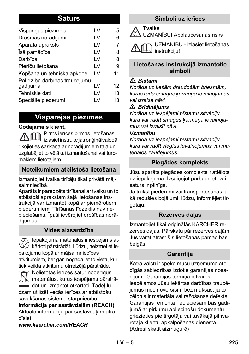 Latviešu, Saturs, Vispārējas piezīmes | Karcher SC 2-550 C EU User Manual | Page 225 / 278