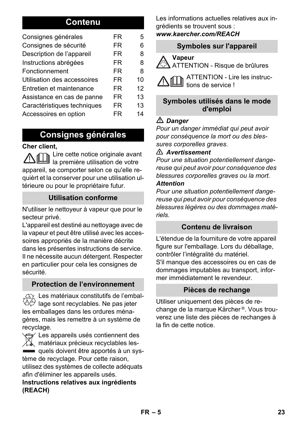 Français, Contenu, Consignes générales | Karcher SC 2-550 C EU User Manual | Page 23 / 278