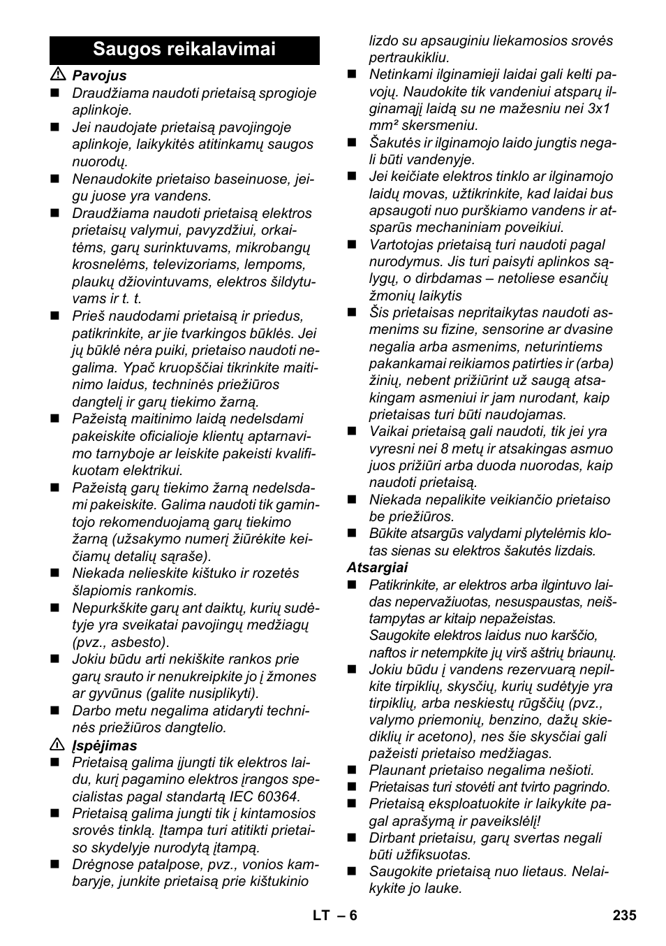 Saugos reikalavimai | Karcher SC 2-550 C EU User Manual | Page 235 / 278