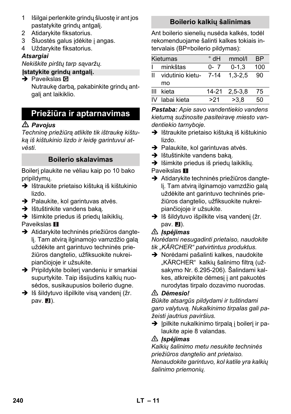 Priežiūra ir aptarnavimas | Karcher SC 2-550 C EU User Manual | Page 240 / 278