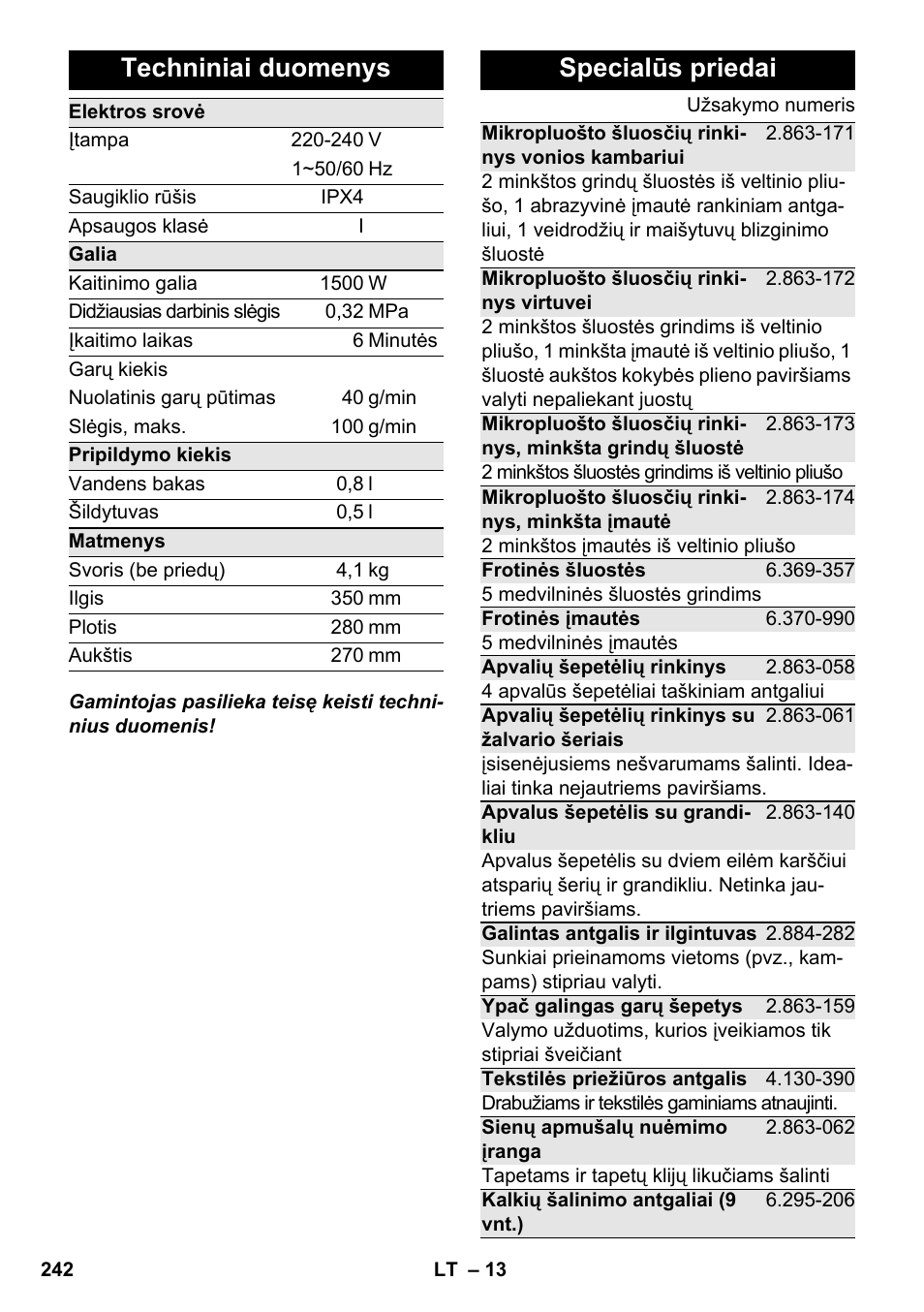 Techniniai duomenys, Specialūs priedai | Karcher SC 2-550 C EU User Manual | Page 242 / 278