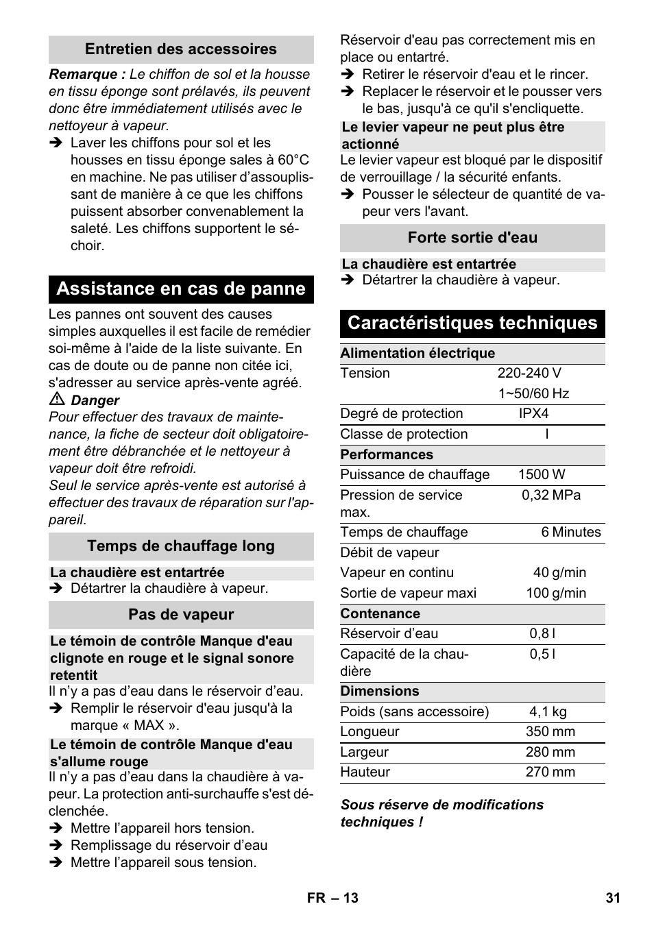 Assistance en cas de panne, Caractéristiques techniques | Karcher SC 2-550 C EU User Manual | Page 31 / 278