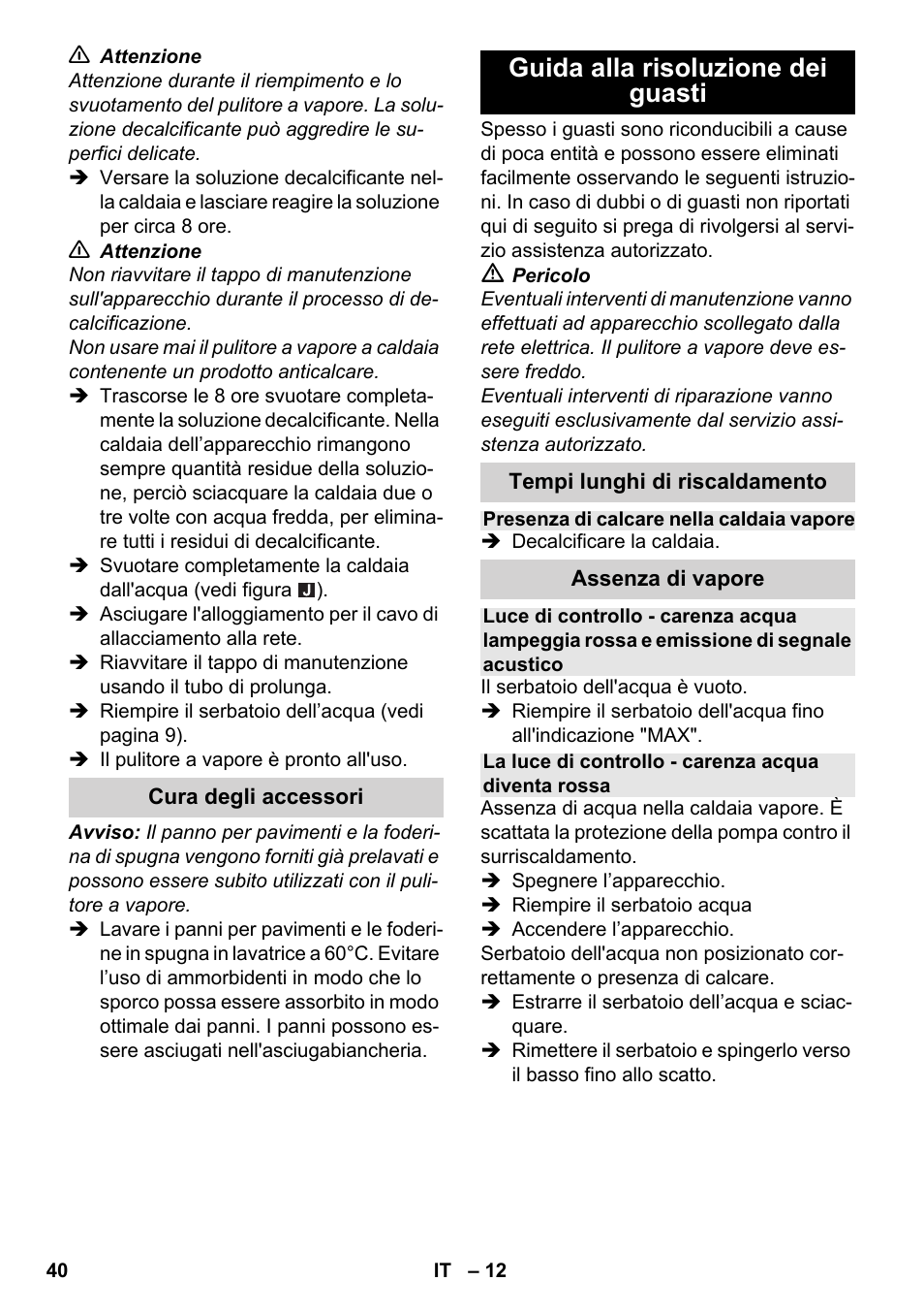Guida alla risoluzione dei guasti | Karcher SC 2-550 C EU User Manual | Page 40 / 278