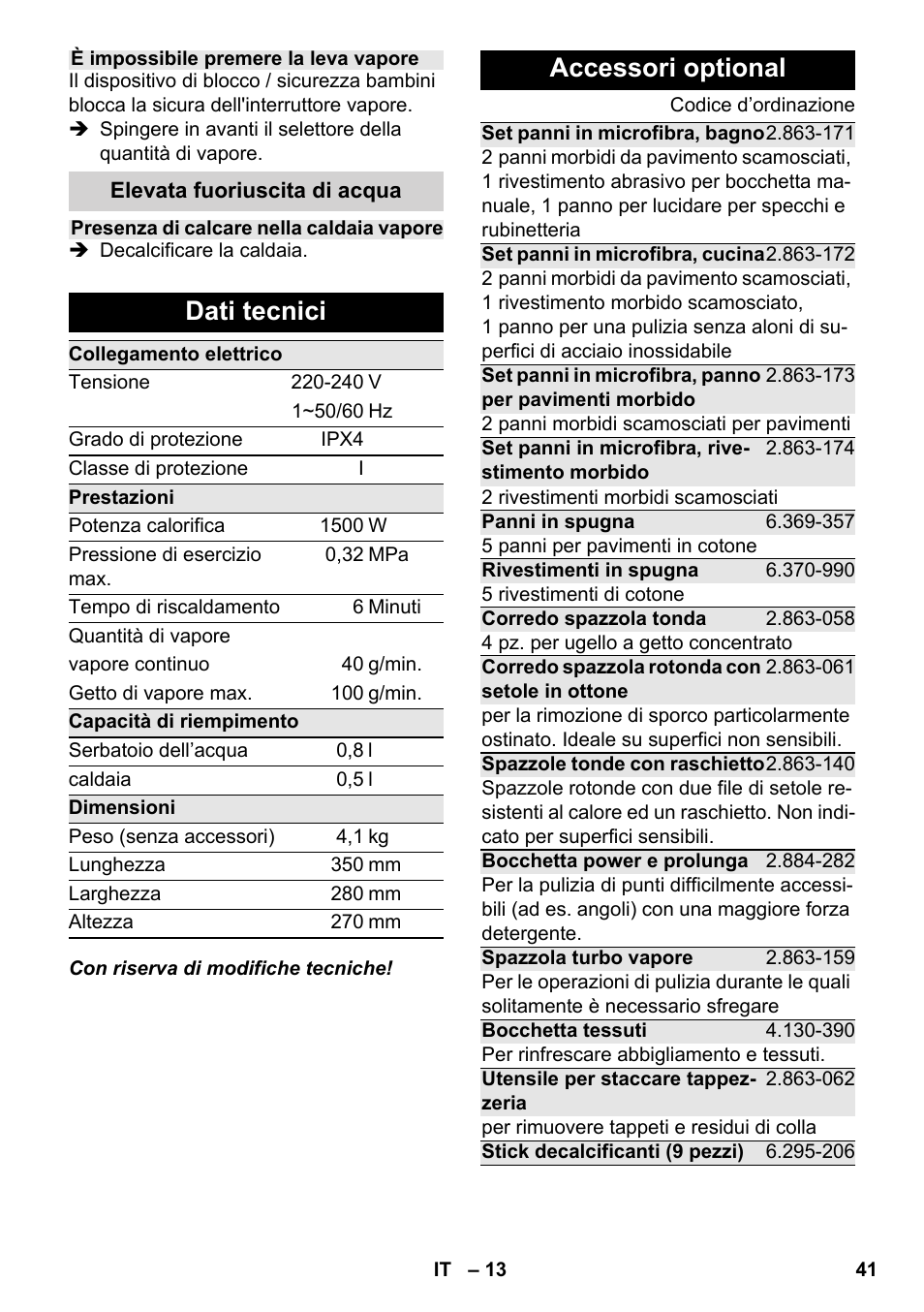 Dati tecnici, Accessori optional | Karcher SC 2-550 C EU User Manual | Page 41 / 278