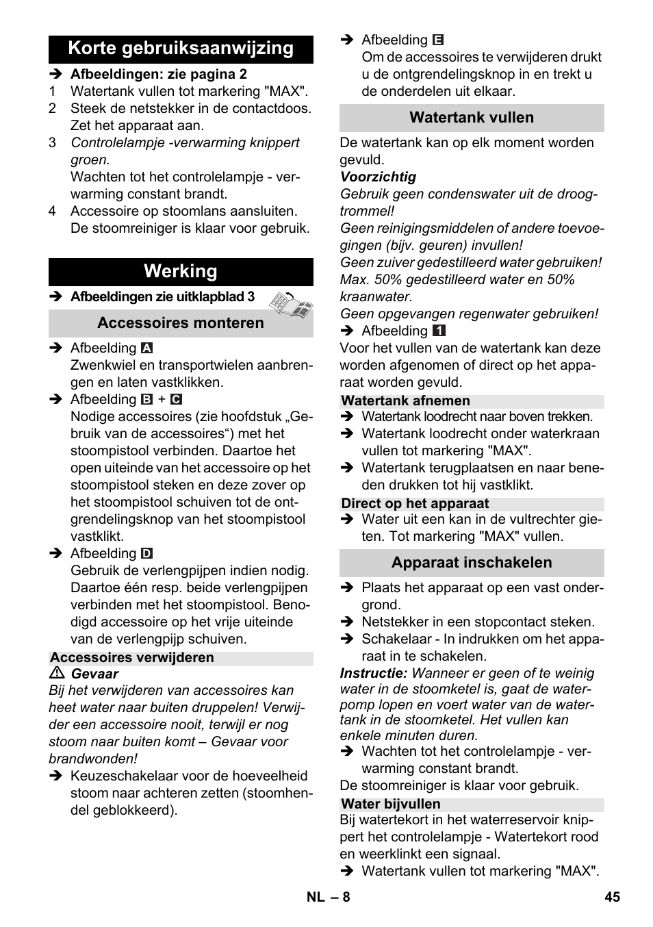 Korte gebruiksaanwijzing werking | Karcher SC 2-550 C EU User Manual | Page 45 / 278