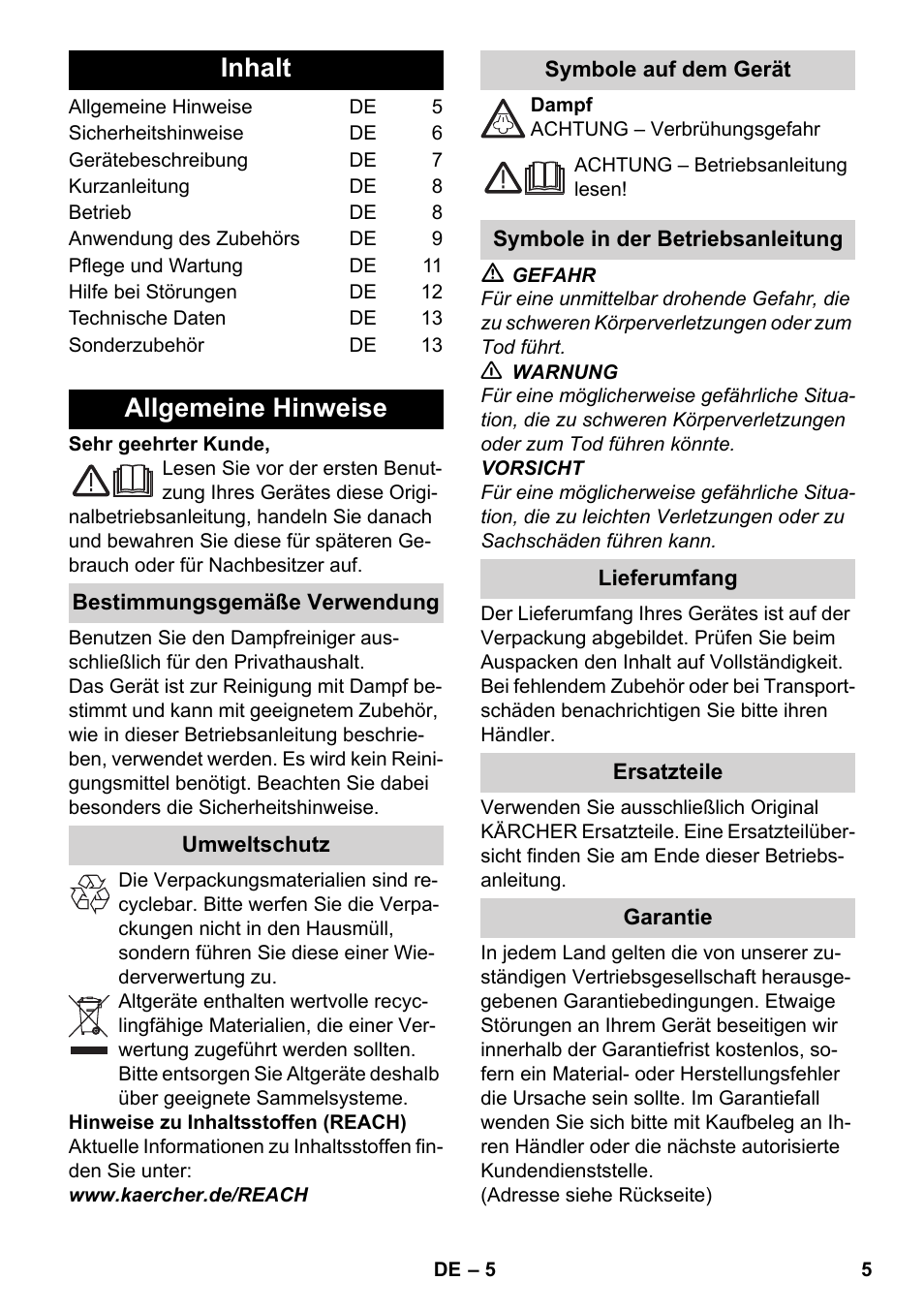 Deutsch, Inhalt, Allgemeine hinweise | Karcher SC 2-550 C EU User Manual | Page 5 / 278