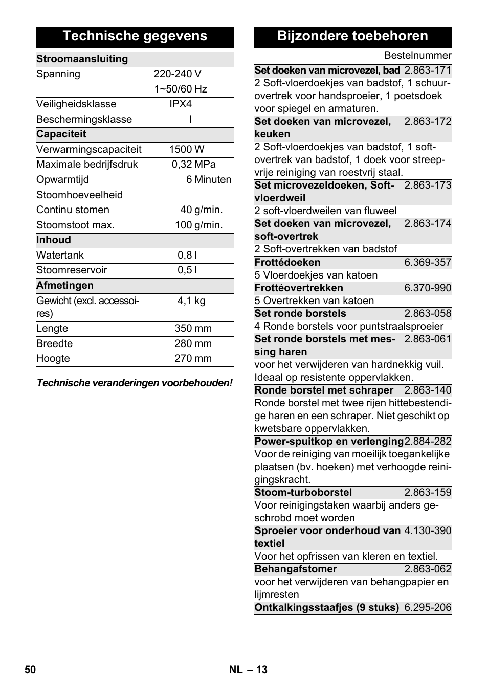 Technische gegevens, Bijzondere toebehoren | Karcher SC 2-550 C EU User Manual | Page 50 / 278