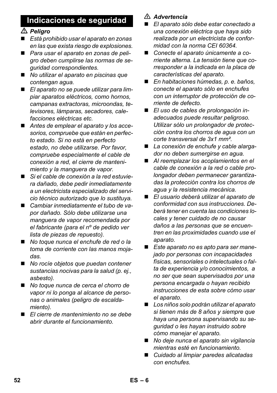 Indicaciones de seguridad | Karcher SC 2-550 C EU User Manual | Page 52 / 278