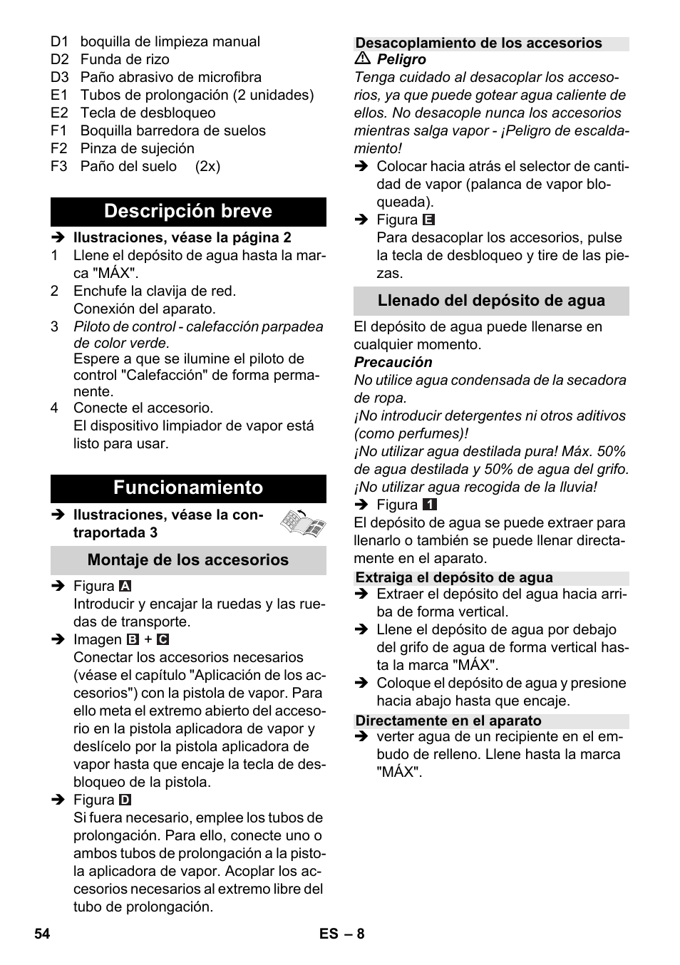 Descripción breve funcionamiento | Karcher SC 2-550 C EU User Manual | Page 54 / 278