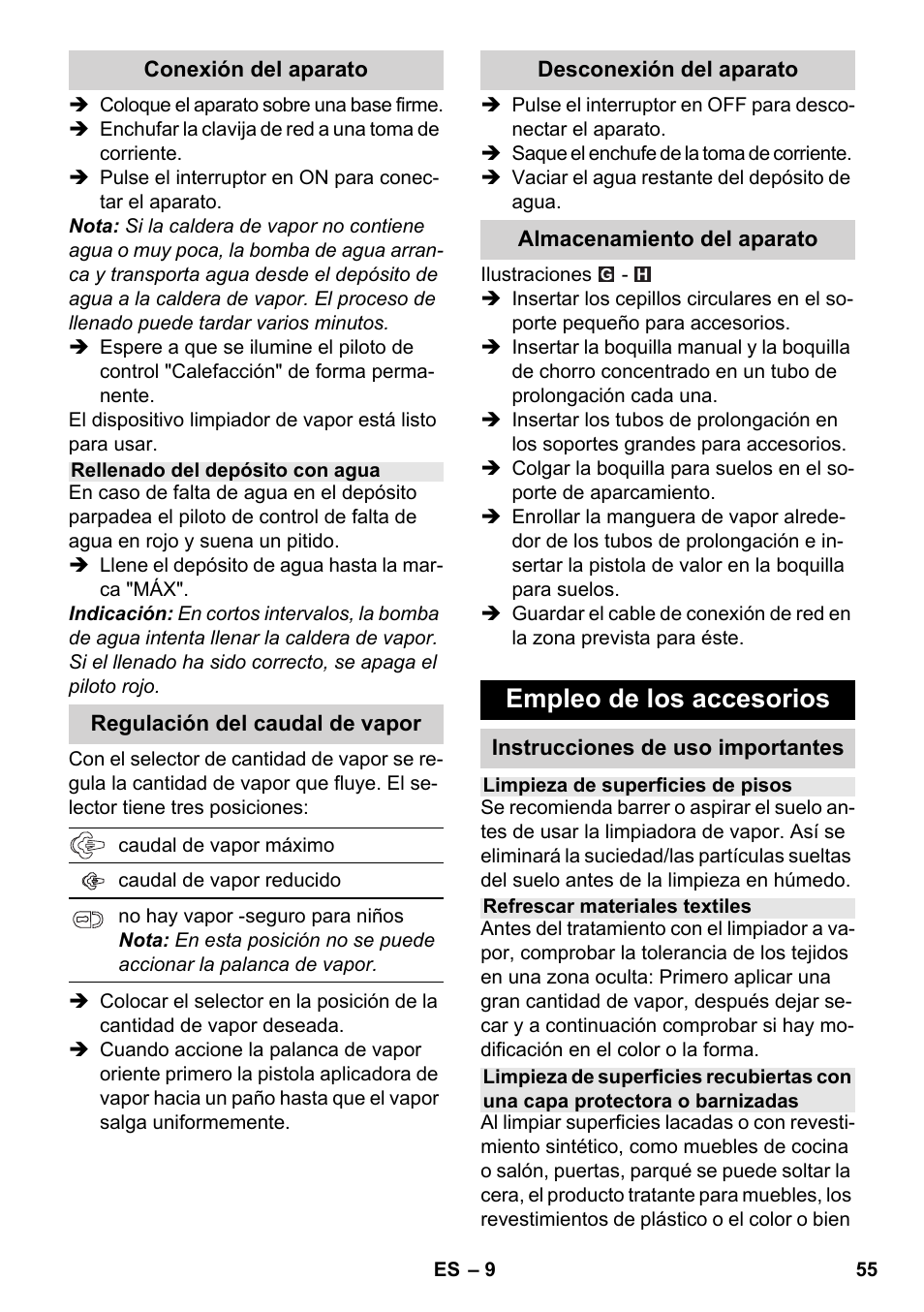 Empleo de los accesorios | Karcher SC 2-550 C EU User Manual | Page 55 / 278