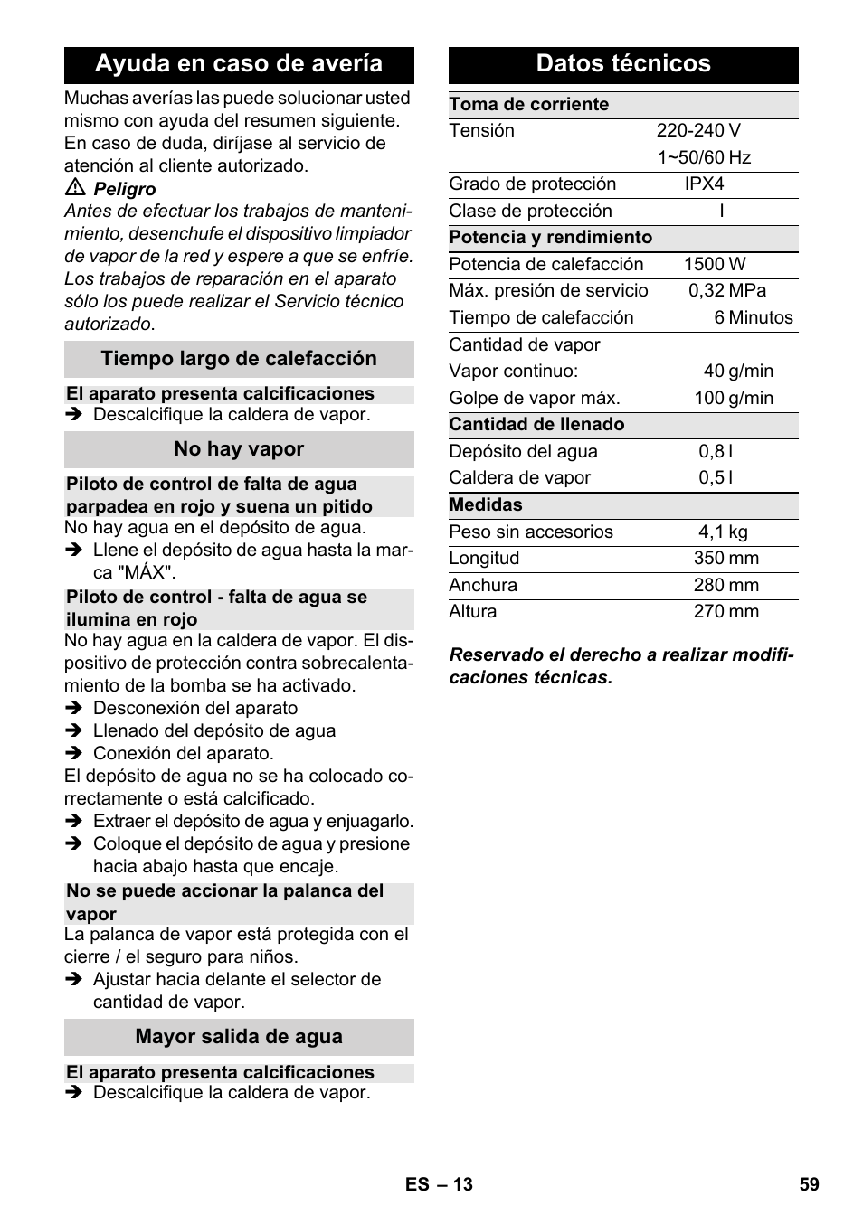 Ayuda en caso de avería, Datos técnicos | Karcher SC 2-550 C EU User Manual | Page 59 / 278