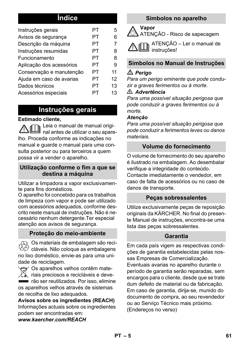 Português, Índice, Instruções gerais | Karcher SC 2-550 C EU User Manual | Page 61 / 278