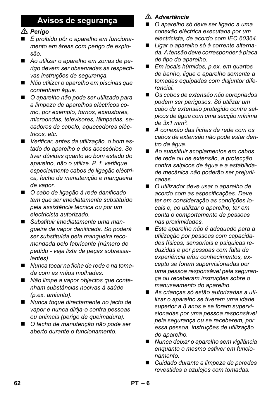 Avisos de segurança | Karcher SC 2-550 C EU User Manual | Page 62 / 278