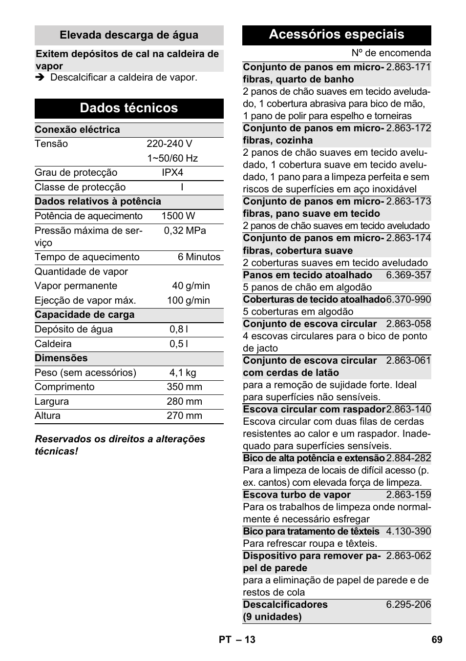 Dados técnicos, Acessórios especiais | Karcher SC 2-550 C EU User Manual | Page 69 / 278