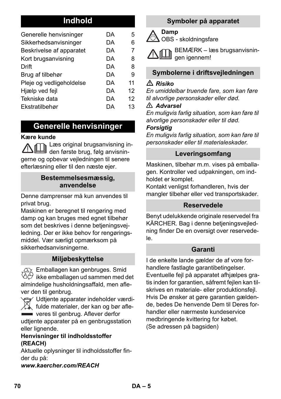 Dansk, Indhold, Generelle henvisninger | Karcher SC 2-550 C EU User Manual | Page 70 / 278