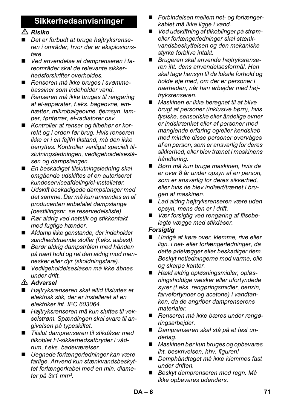 Sikkerhedsanvisninger | Karcher SC 2-550 C EU User Manual | Page 71 / 278