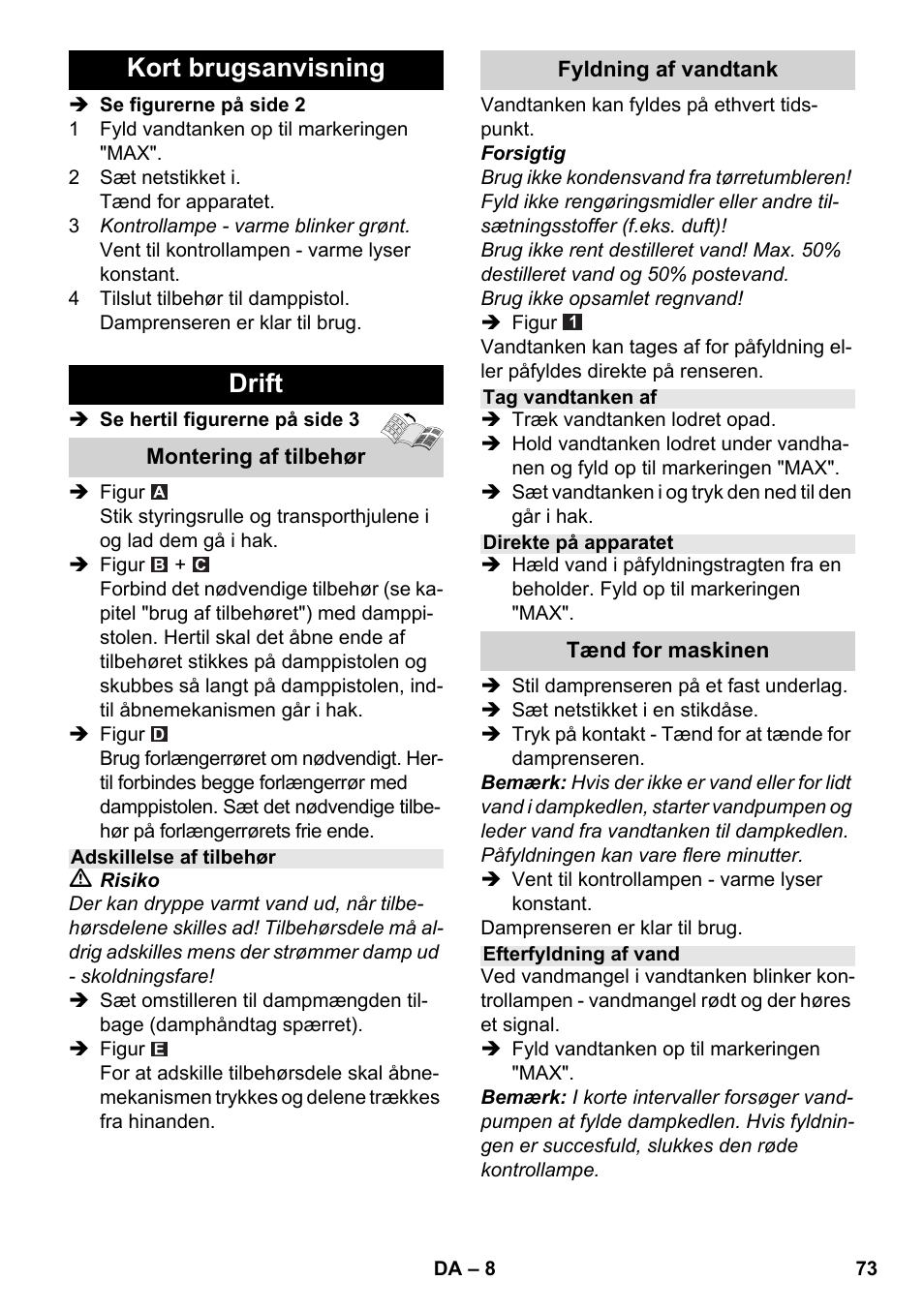 Kort brugsanvisning drift | Karcher SC 2-550 C EU User Manual | Page 73 / 278