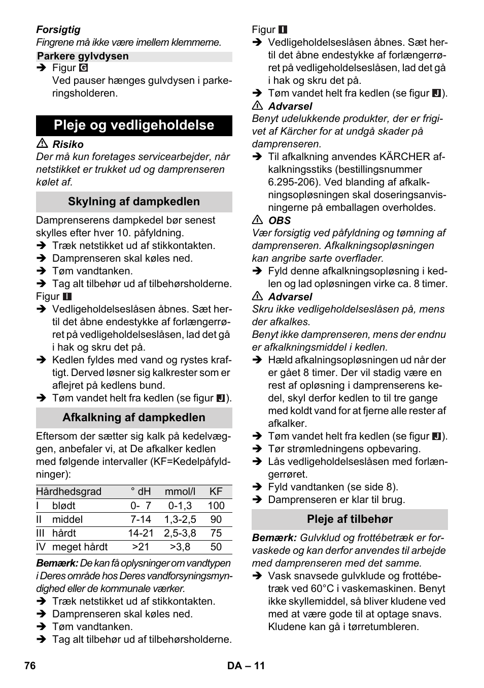 Pleje og vedligeholdelse | Karcher SC 2-550 C EU User Manual | Page 76 / 278
