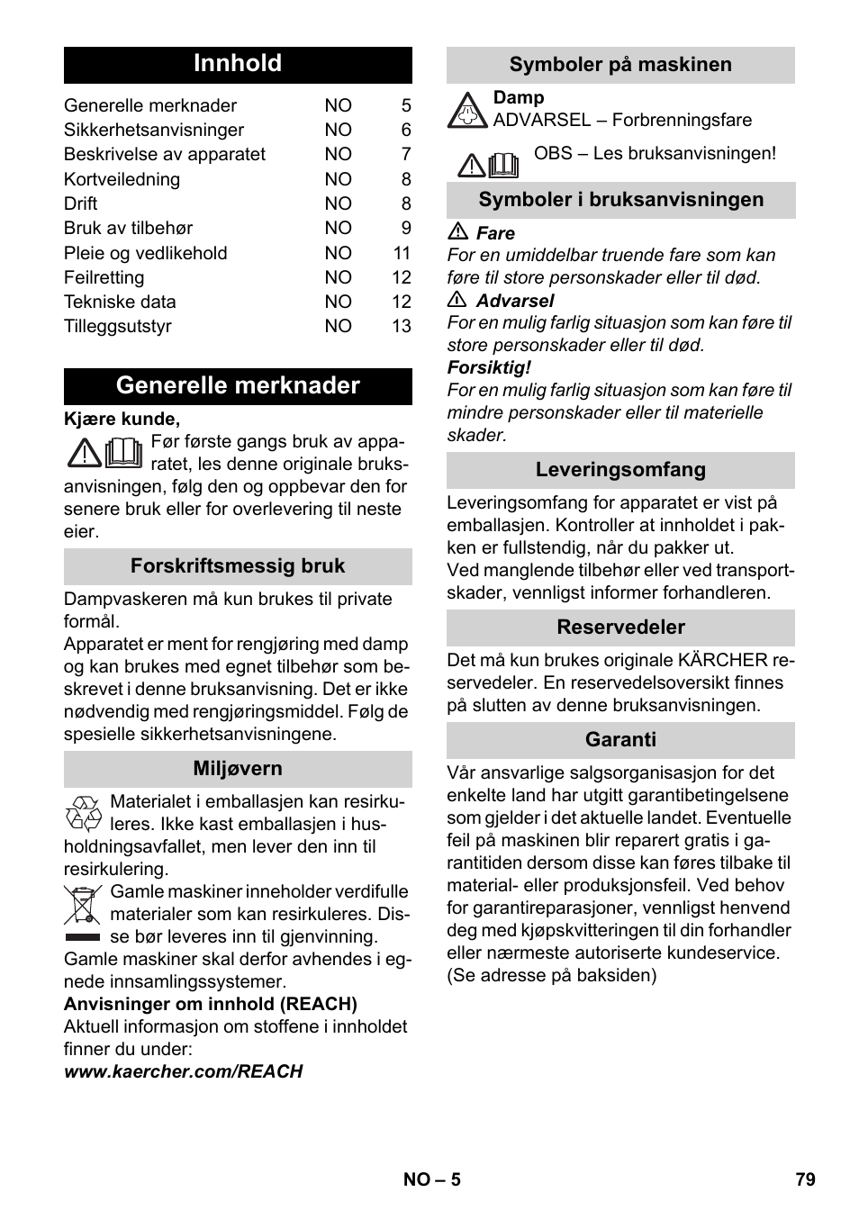 Norsk, Innhold, Generelle merknader | Karcher SC 2-550 C EU User Manual | Page 79 / 278
