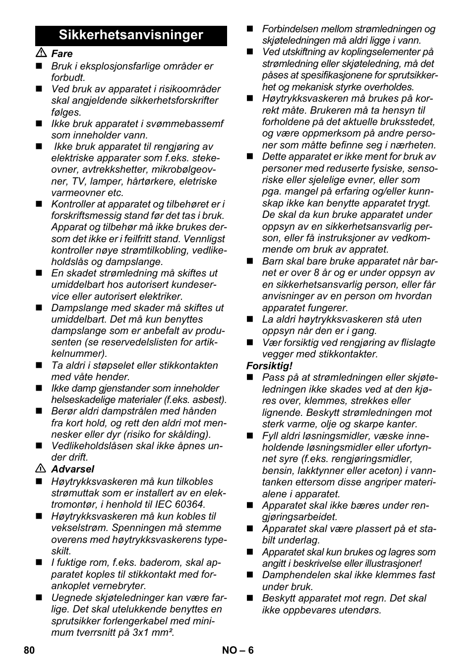 Sikkerhetsanvisninger | Karcher SC 2-550 C EU User Manual | Page 80 / 278