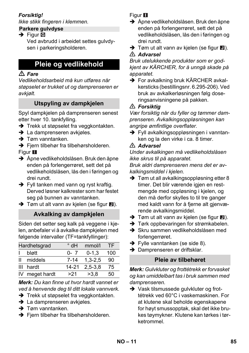 Pleie og vedlikehold | Karcher SC 2-550 C EU User Manual | Page 85 / 278