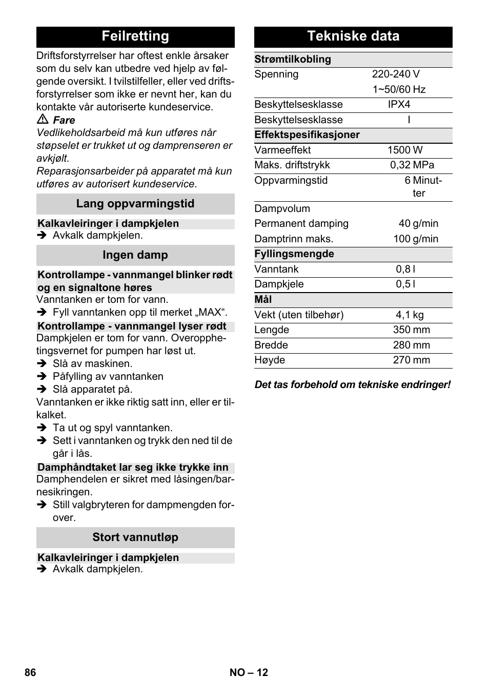 Feilretting, Tekniske data | Karcher SC 2-550 C EU User Manual | Page 86 / 278