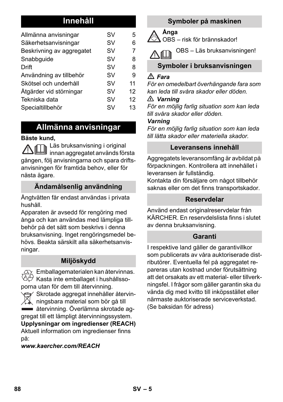 Svenska, Innehåll, Allmänna anvisningar | Karcher SC 2-550 C EU User Manual | Page 88 / 278