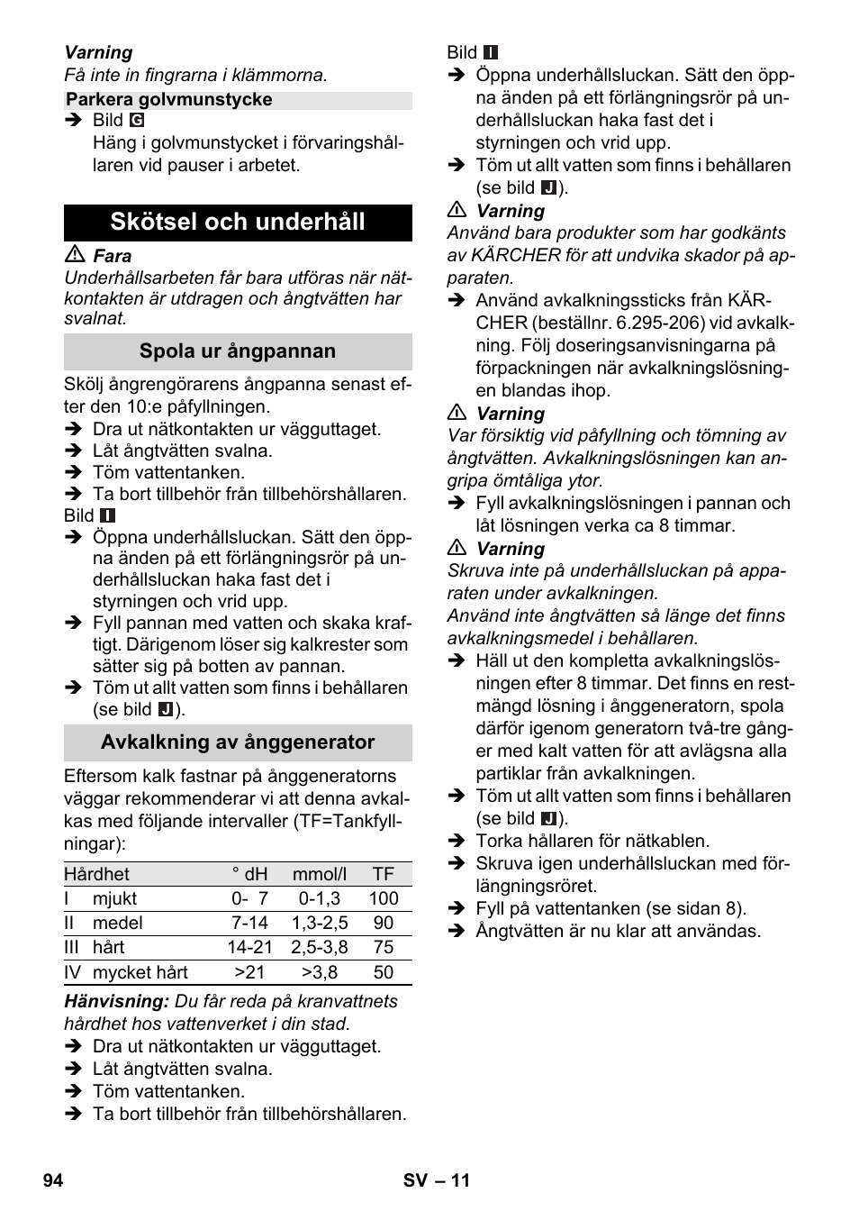 Skötsel och underhåll | Karcher SC 2-550 C EU User Manual | Page 94 / 278