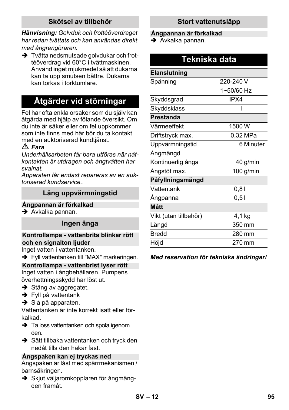 Åtgärder vid störningar, Tekniska data | Karcher SC 2-550 C EU User Manual | Page 95 / 278