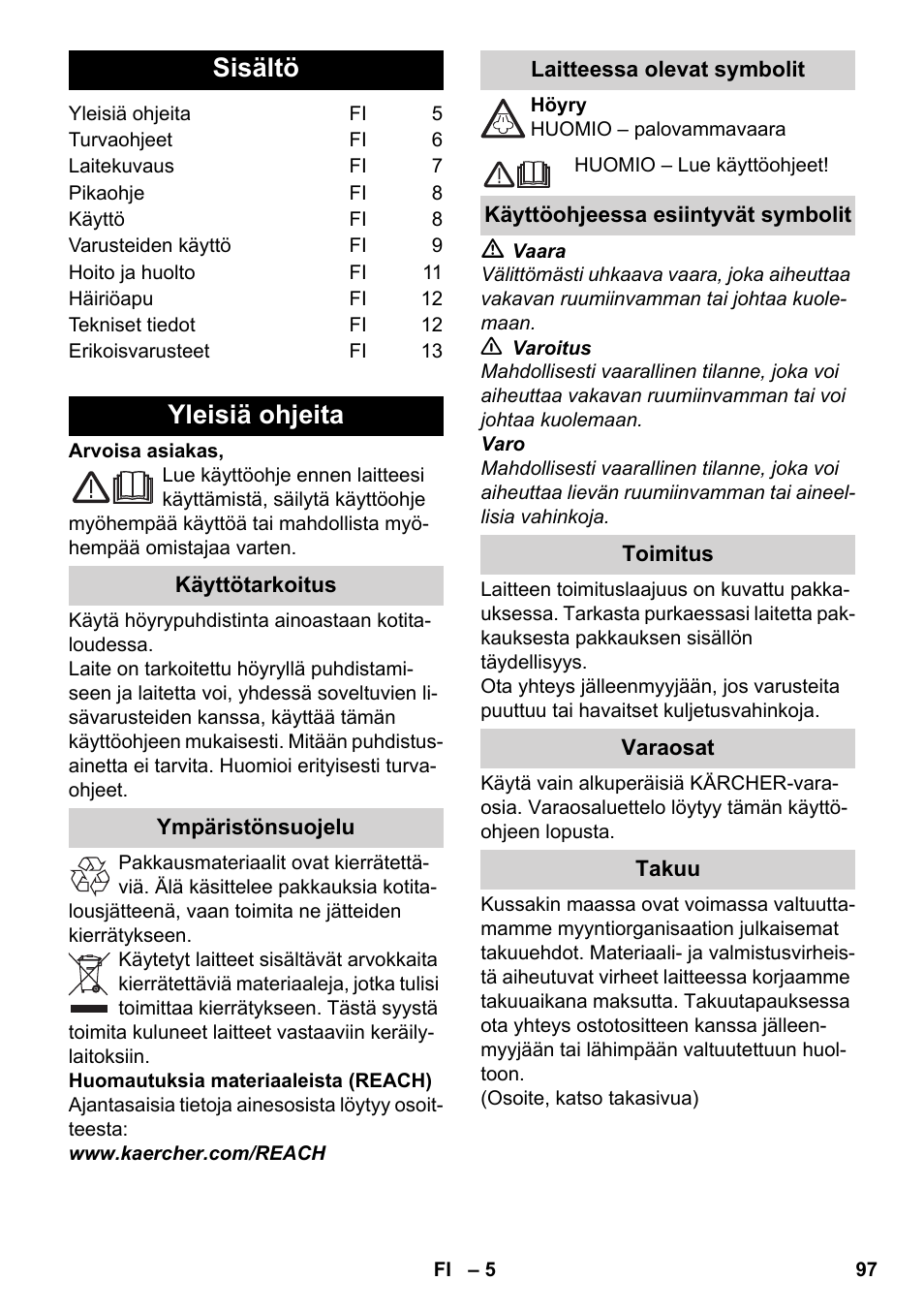 Suomi, Sisältö, Yleisiä ohjeita | Karcher SC 2-550 C EU User Manual | Page 97 / 278