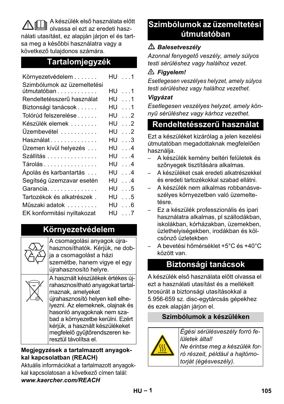 Magyar, Tartalomjegyzék, Környezetvédelem | Karcher BDS 43-180 C User Manual | Page 105 / 204