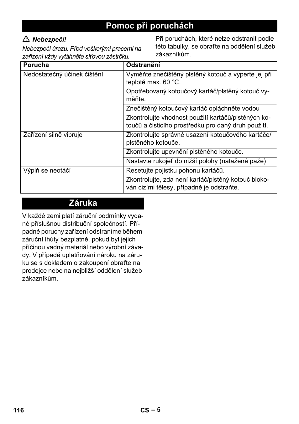 Pomoc při poruchách, Záruka | Karcher BDS 43-180 C User Manual | Page 116 / 204