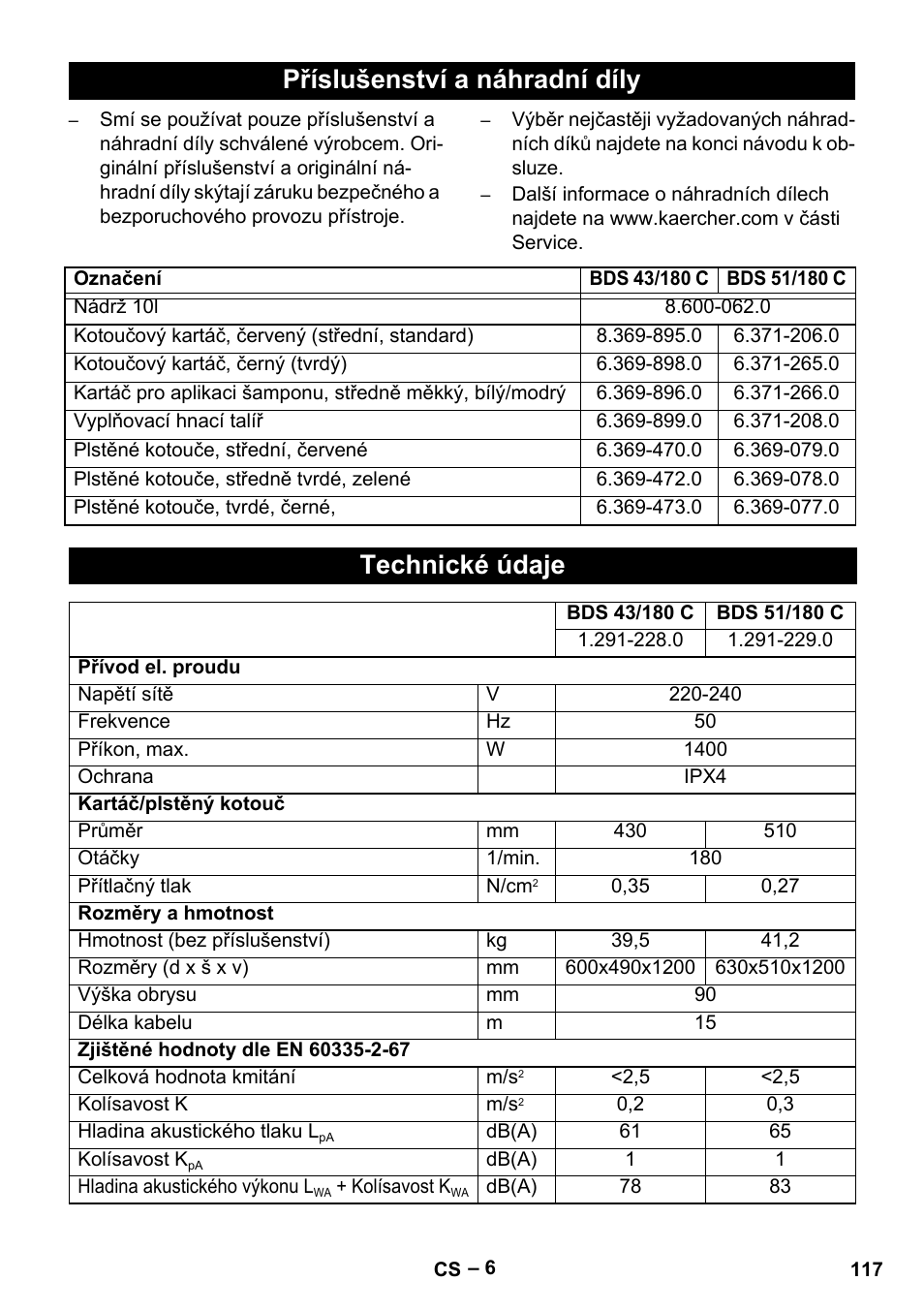 Příslušenství a náhradní díly, Technické údaje | Karcher BDS 43-180 C User Manual | Page 117 / 204