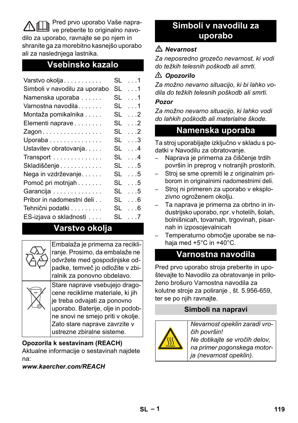 Slovenščina, Vsebinsko kazalo, Varstvo okolja | Karcher BDS 43-180 C User Manual | Page 119 / 204