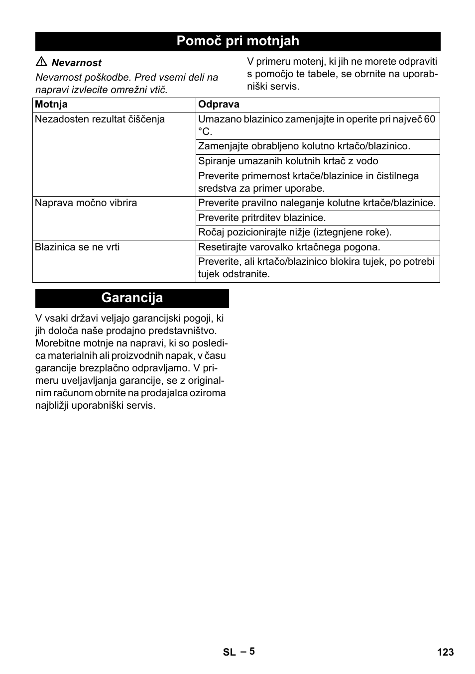 Pomoč pri motnjah, Garancija | Karcher BDS 43-180 C User Manual | Page 123 / 204