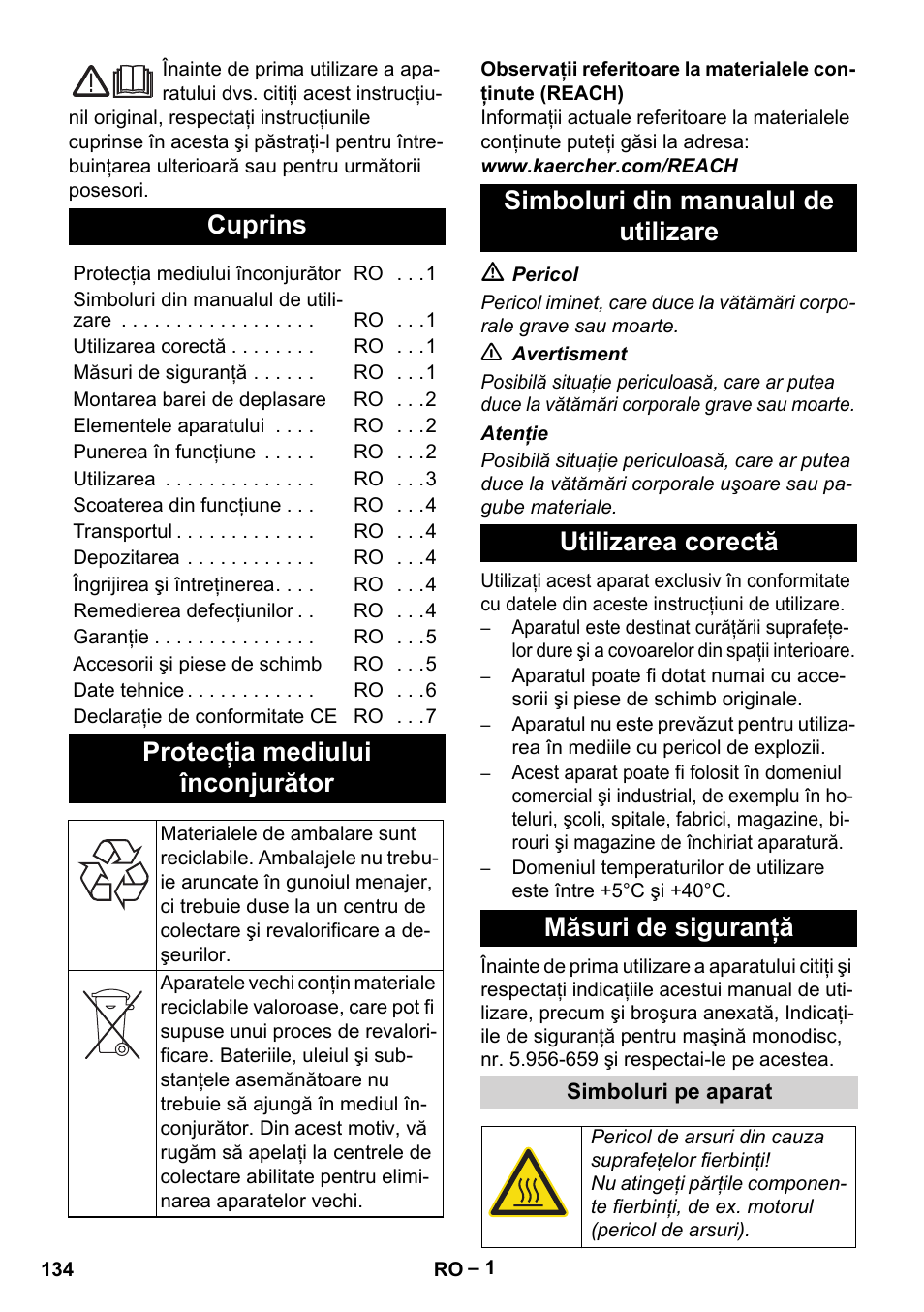 Româneşte, Cuprins, Protecţia mediului înconjurător | Karcher BDS 43-180 C User Manual | Page 134 / 204