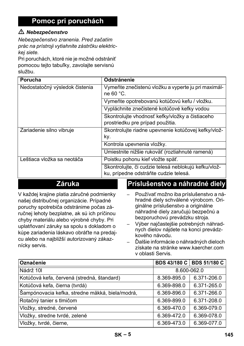 Pomoc pri poruchách, Záruka príslušenstvo a náhradné diely | Karcher BDS 43-180 C User Manual | Page 145 / 204