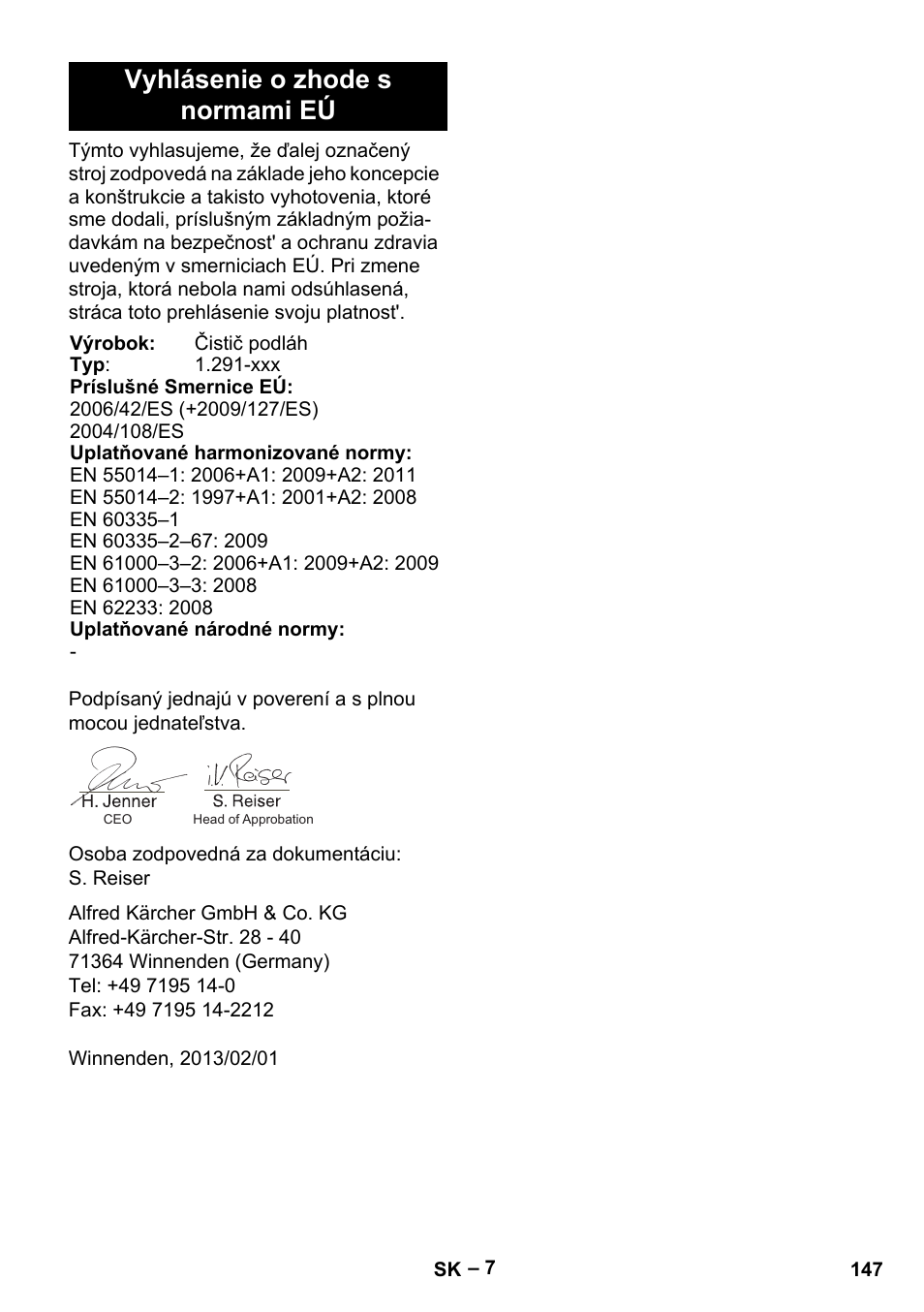 Vyhlásenie o zhode s normami eú | Karcher BDS 43-180 C User Manual | Page 147 / 204