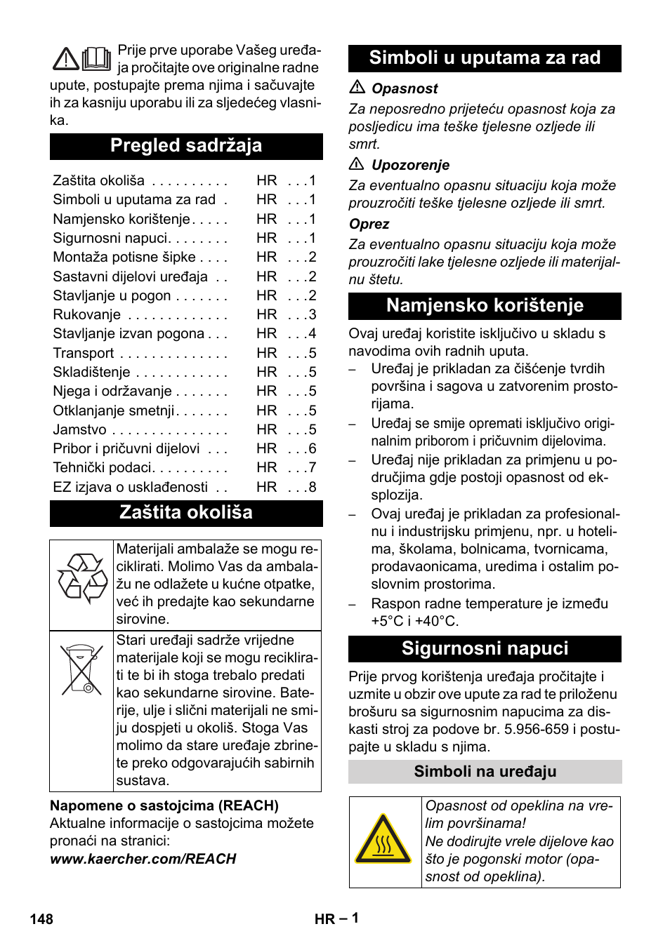 Hrvatski, Pregled sadržaja, Zaštita okoliša | Karcher BDS 43-180 C User Manual | Page 148 / 204