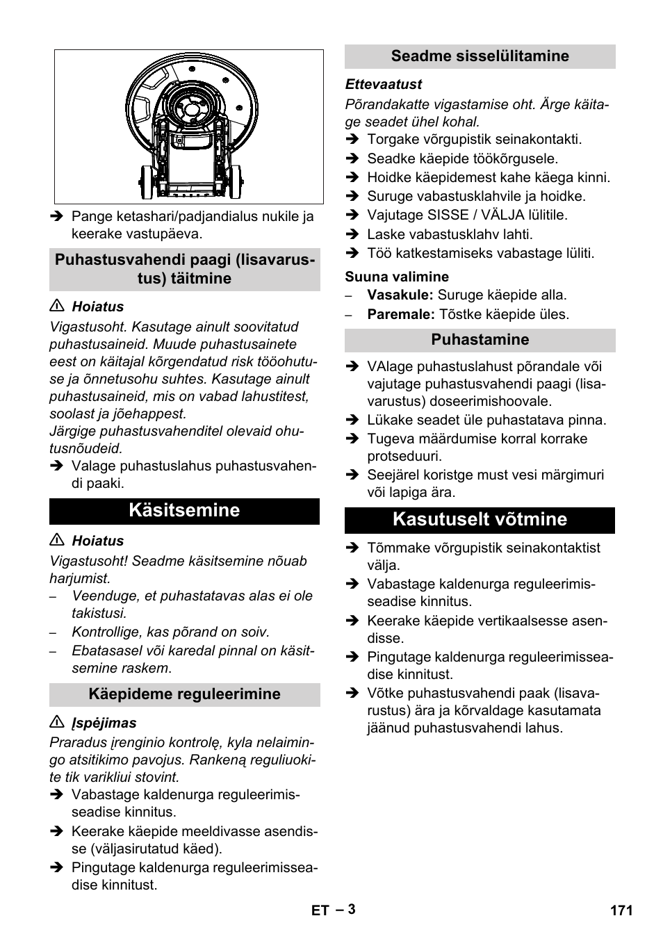 Käsitsemine, Kasutuselt võtmine | Karcher BDS 43-180 C User Manual | Page 171 / 204