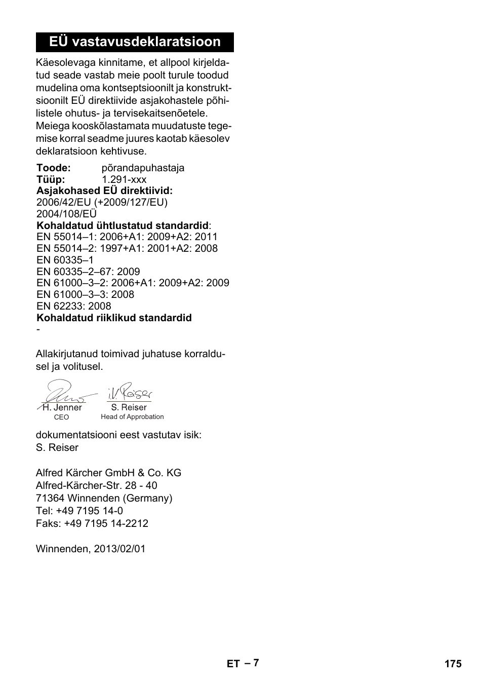 Eü vastavusdeklaratsioon | Karcher BDS 43-180 C User Manual | Page 175 / 204