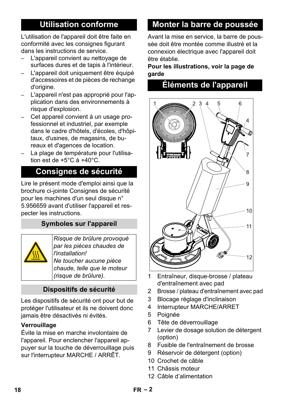 Utilisation conforme consignes de sécurité, Monter la barre de poussée éléments de l'appareil | Karcher BDS 43-180 C User Manual | Page 18 / 204