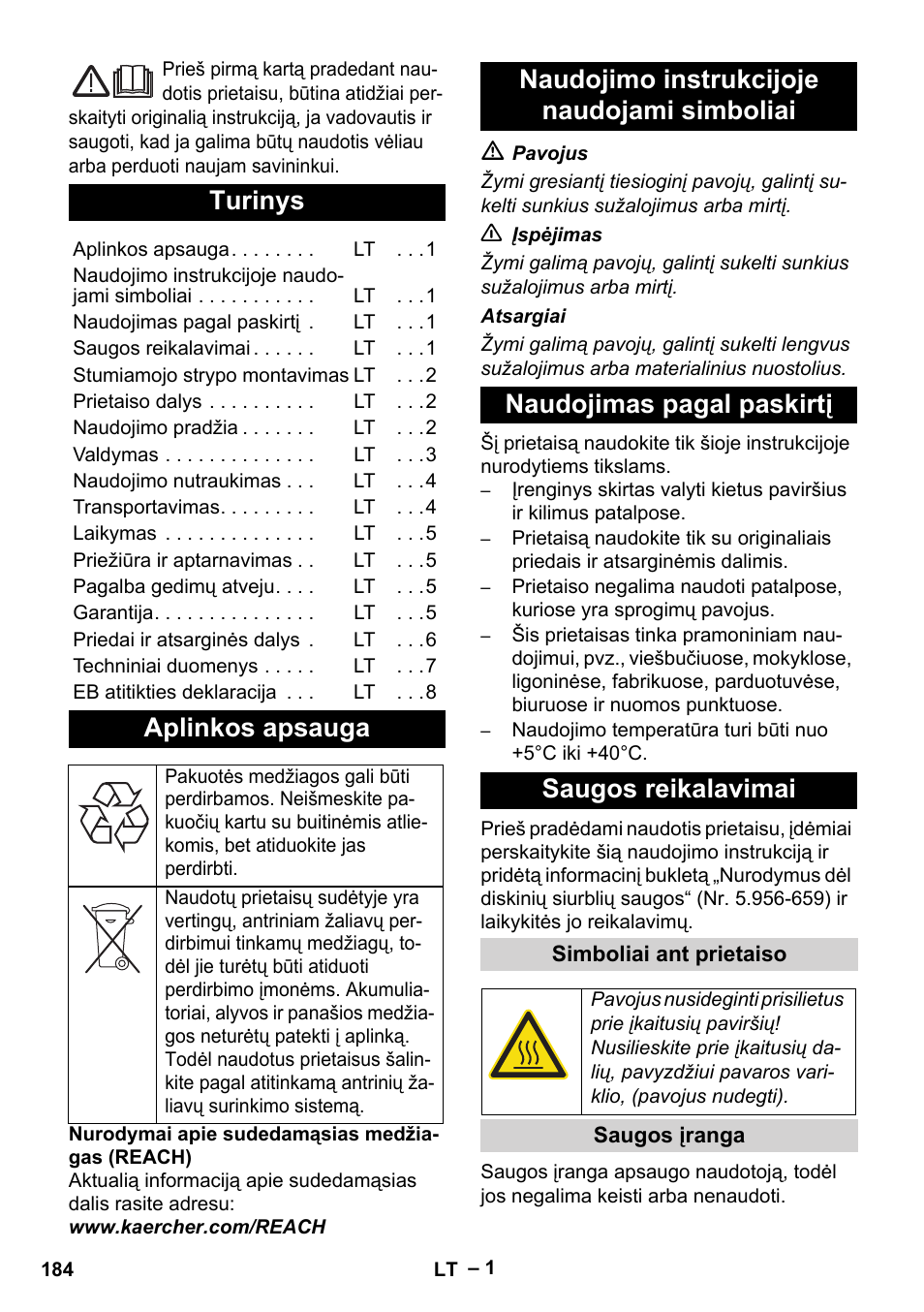 Lietuviškai, Turinys, Aplinkos apsauga | Karcher BDS 43-180 C User Manual | Page 184 / 204