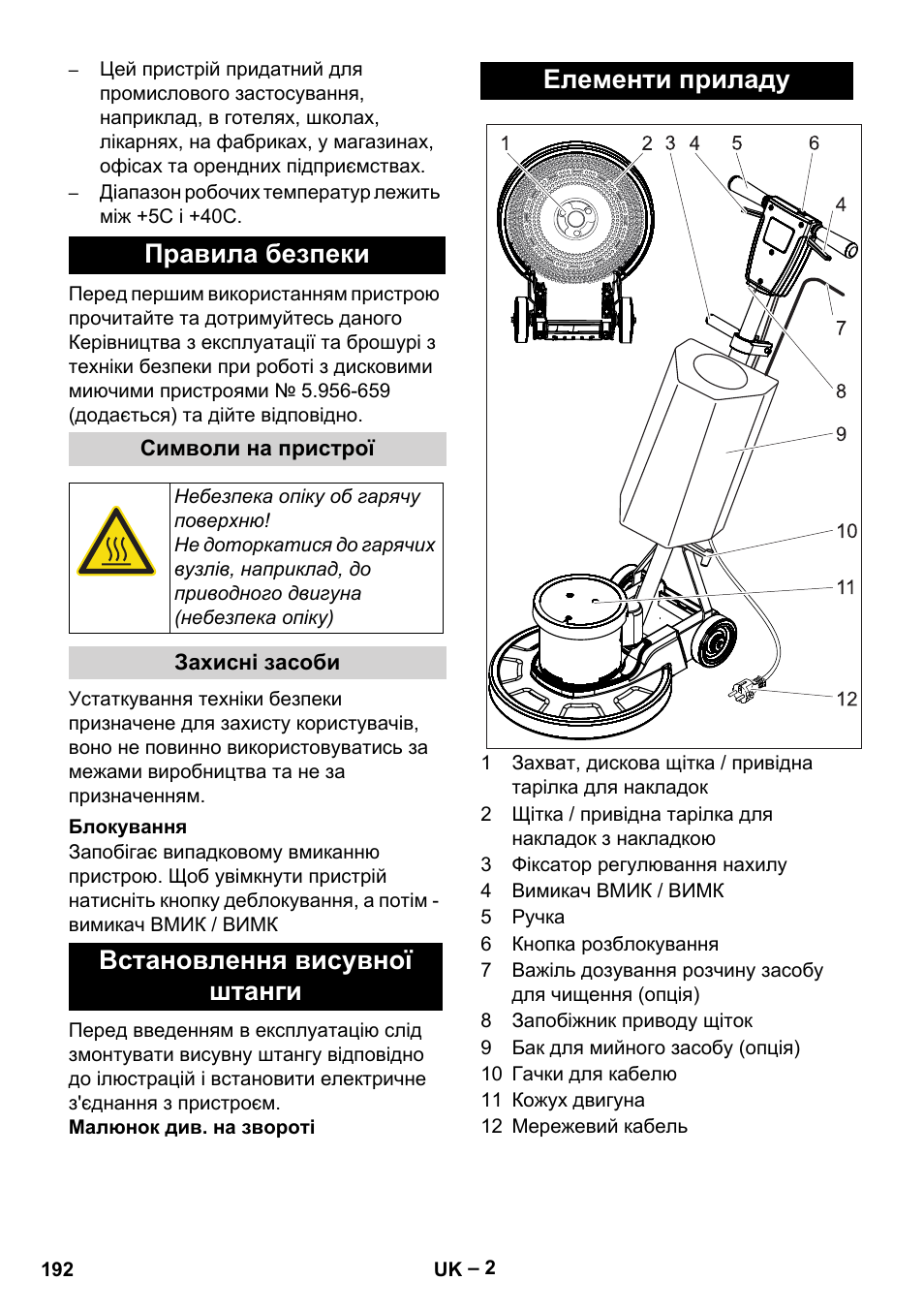 Правила безпеки, Встановлення висувної штанги елементи приладу | Karcher BDS 43-180 C User Manual | Page 192 / 204